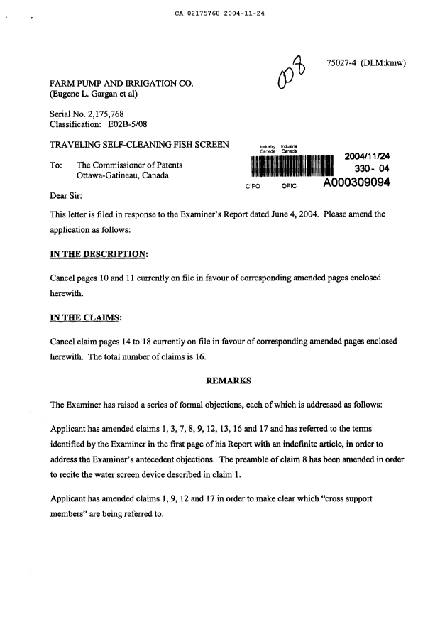 Canadian Patent Document 2175768. Prosecution-Amendment 20041124. Image 1 of 9