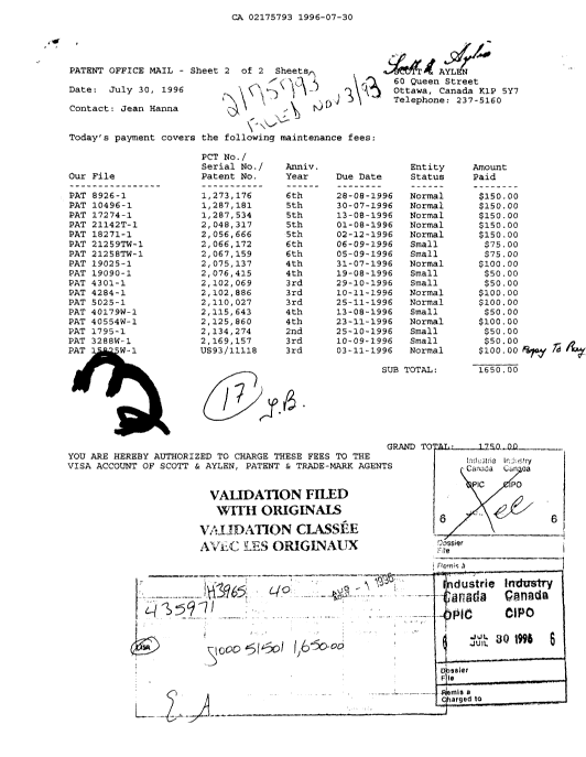 Canadian Patent Document 2175793. Fees 19960730. Image 1 of 1