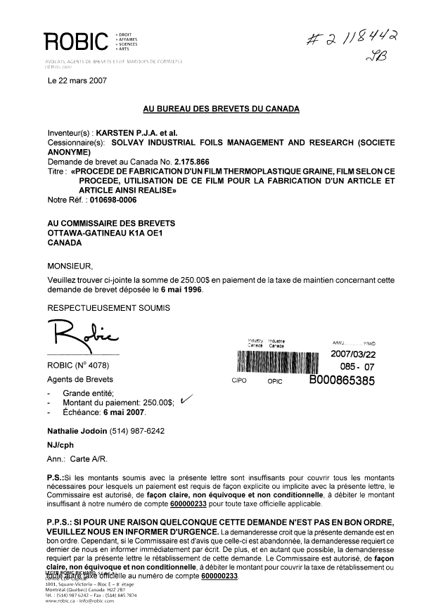 Canadian Patent Document 2175866. Fees 20070322. Image 1 of 1