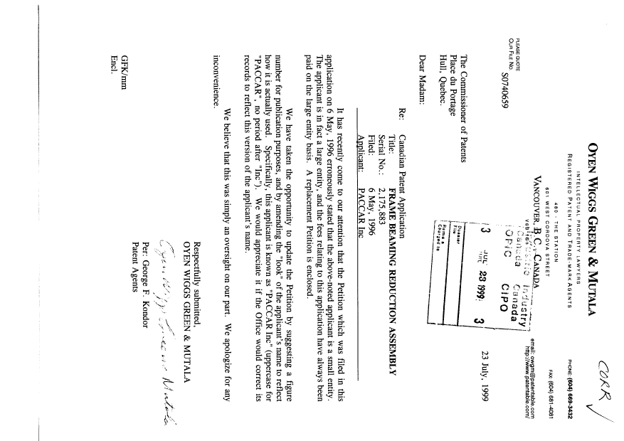 Canadian Patent Document 2175883. Correspondence 19990723. Image 1 of 2