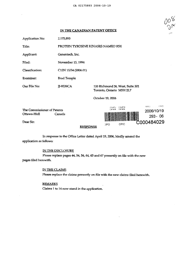 Canadian Patent Document 2175893. Prosecution-Amendment 20051219. Image 1 of 13