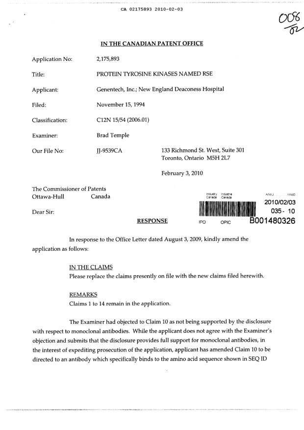 Canadian Patent Document 2175893. Prosecution-Amendment 20091203. Image 1 of 4