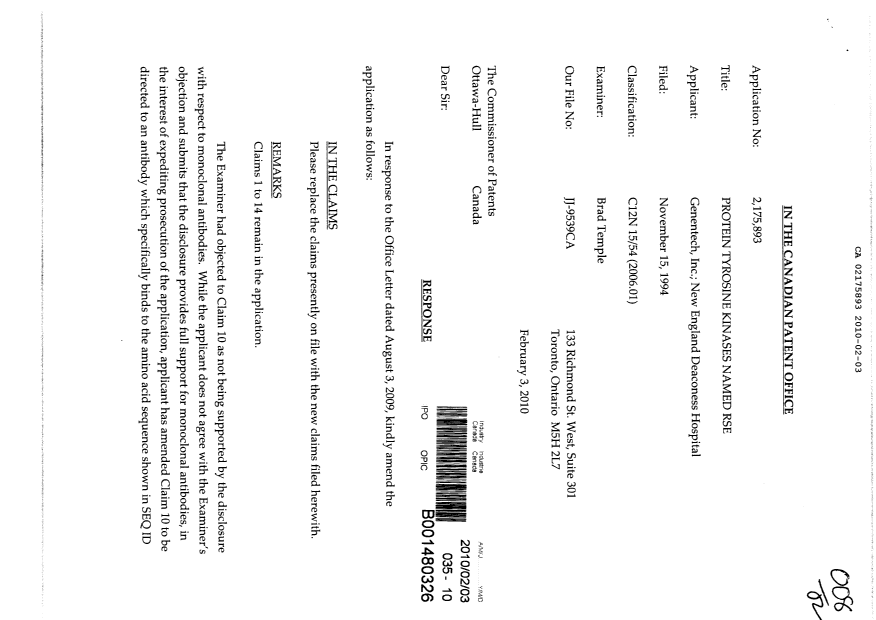 Canadian Patent Document 2175893. Prosecution-Amendment 20091203. Image 1 of 4
