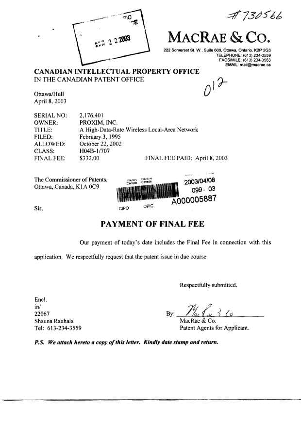 Document de brevet canadien 2176401. Correspondance 20030408. Image 1 de 3