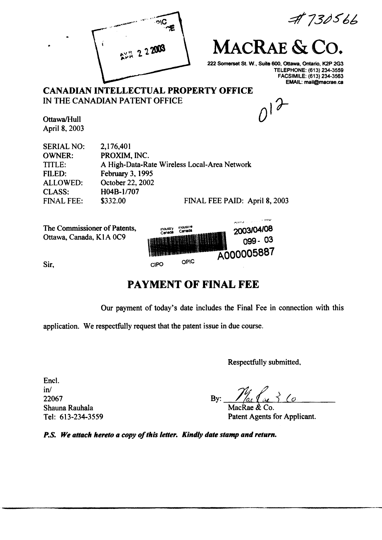 Canadian Patent Document 2176401. Correspondence 20030408. Image 1 of 3