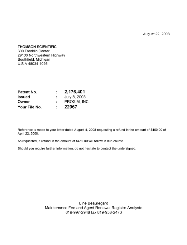 Document de brevet canadien 2176401. Correspondance 20080822. Image 1 de 1