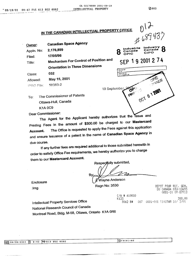 Document de brevet canadien 2176899. Correspondance 20001219. Image 1 de 1