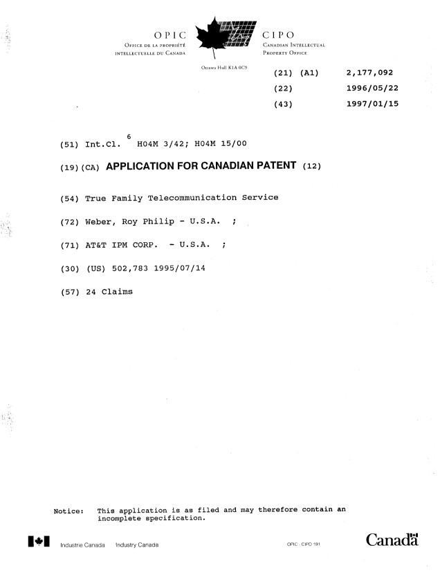 Canadian Patent Document 2177092. Cover Page 19960827. Image 1 of 1