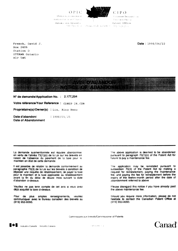 Canadian Patent Document 2177204. Fees 19971222. Image 1 of 2