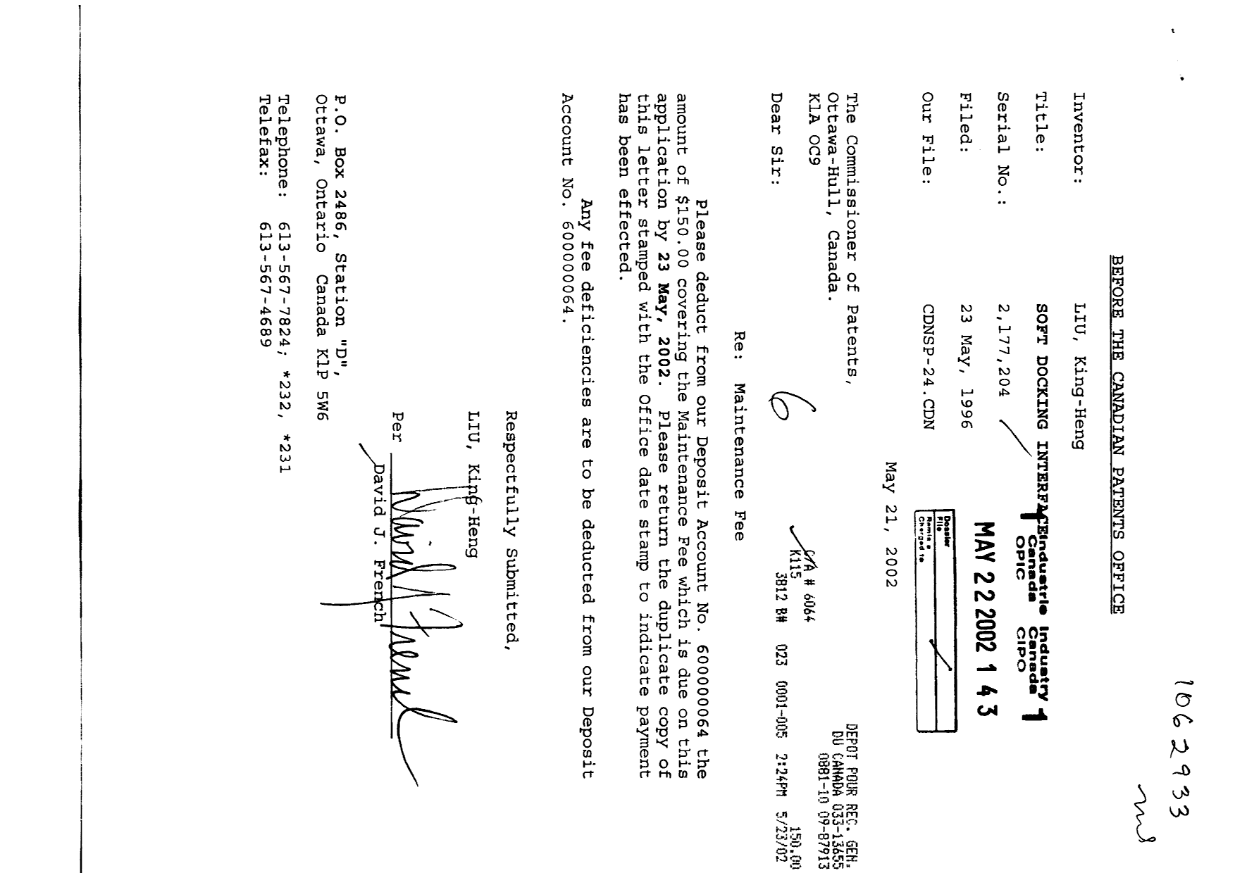 Canadian Patent Document 2177204. Fees 20011222. Image 1 of 1
