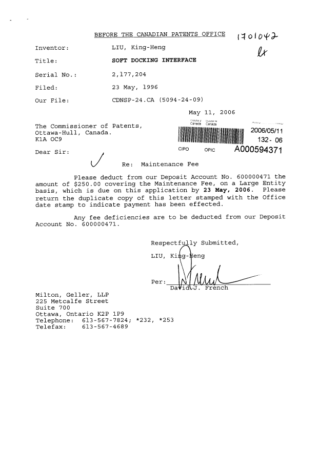 Document de brevet canadien 2177204. Taxes 20051211. Image 1 de 1