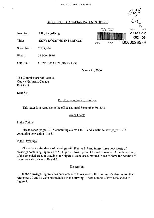 Document de brevet canadien 2177204. Poursuite-Amendment 20051222. Image 1 de 11