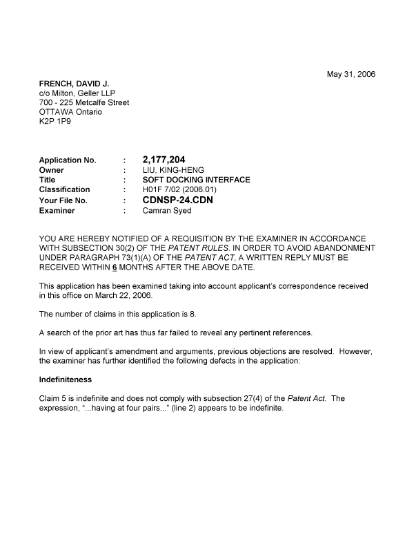 Document de brevet canadien 2177204. Poursuite-Amendment 20051231. Image 1 de 4