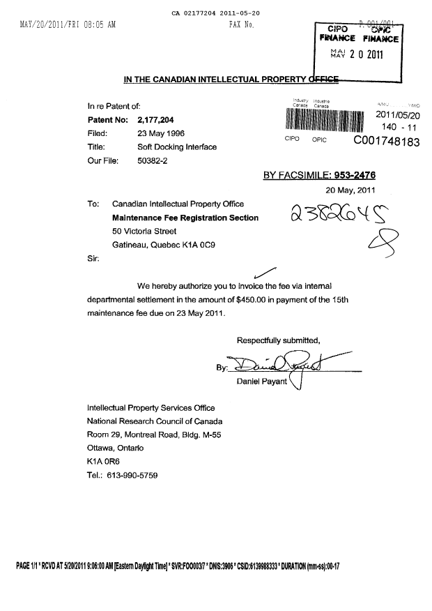 Document de brevet canadien 2177204. Taxes 20101220. Image 1 de 1