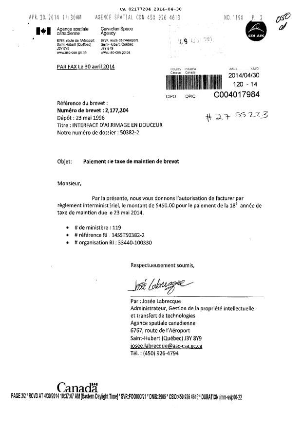 Canadian Patent Document 2177204. Fees 20131230. Image 1 of 2