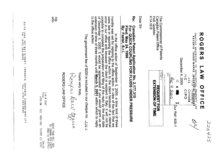 Canadian Patent Document 2177315. Correspondence 20001204. Image 1 of 1