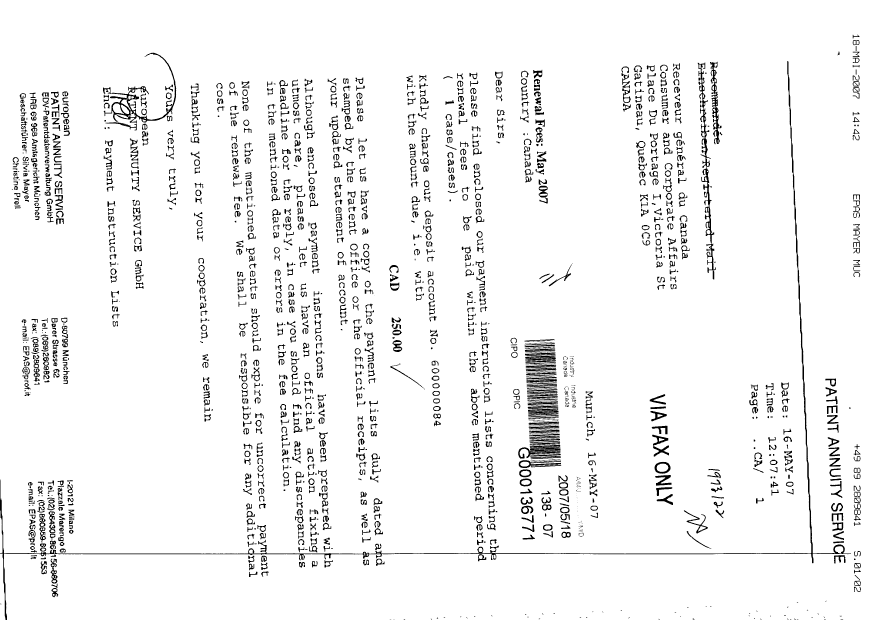 Canadian Patent Document 2177315. Fees 20070518. Image 1 of 2