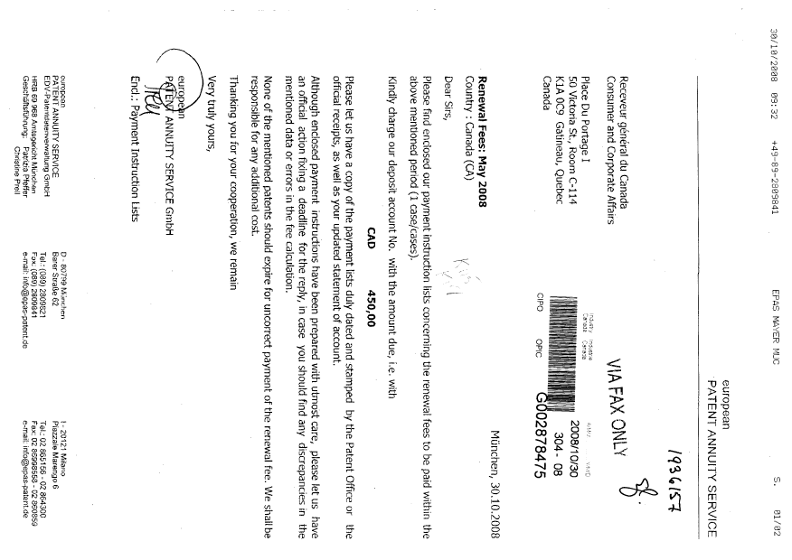 Canadian Patent Document 2177315. Fees 20081030. Image 1 of 2
