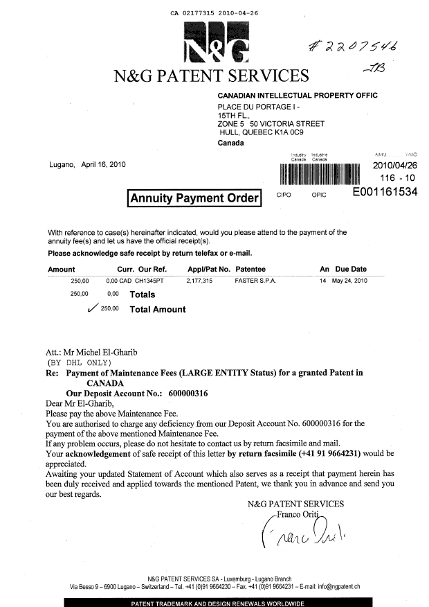 Document de brevet canadien 2177315. Taxes 20100426. Image 1 de 1