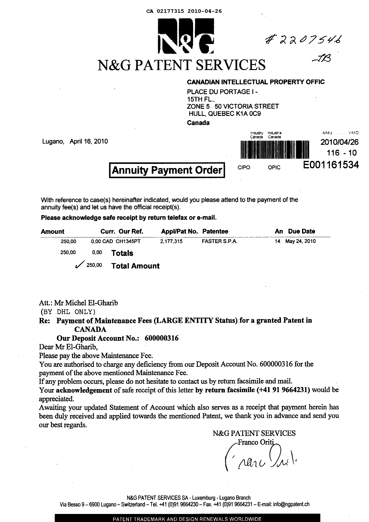 Canadian Patent Document 2177315. Fees 20100426. Image 1 of 1