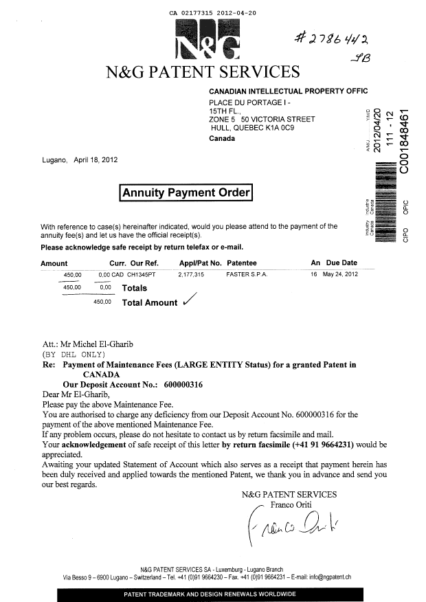 Canadian Patent Document 2177315. Fees 20120420. Image 1 of 1