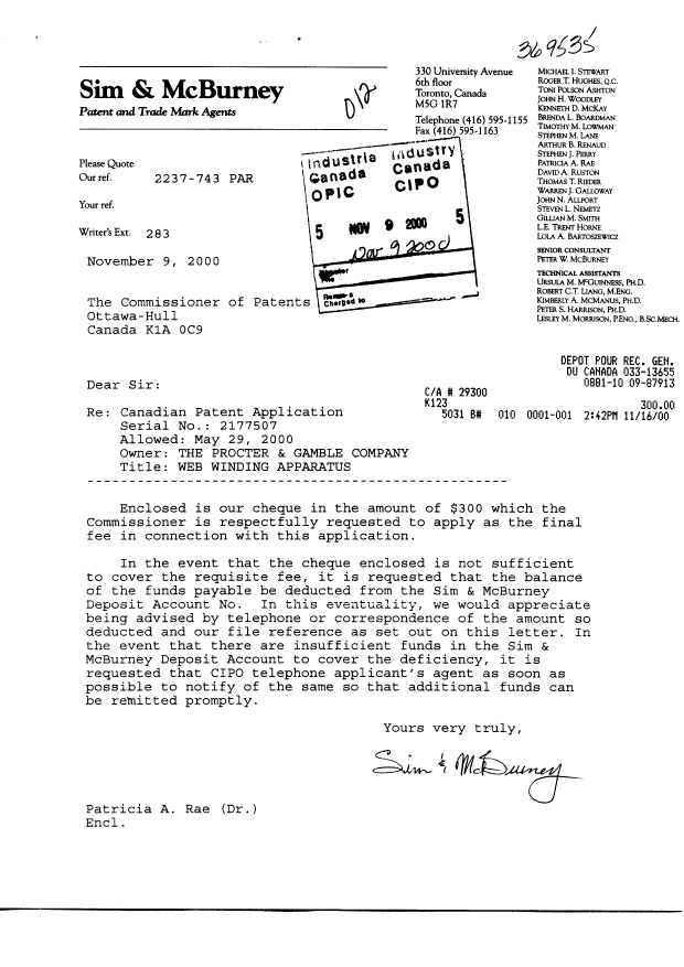 Document de brevet canadien 2177507. Correspondance 20001109. Image 1 de 1
