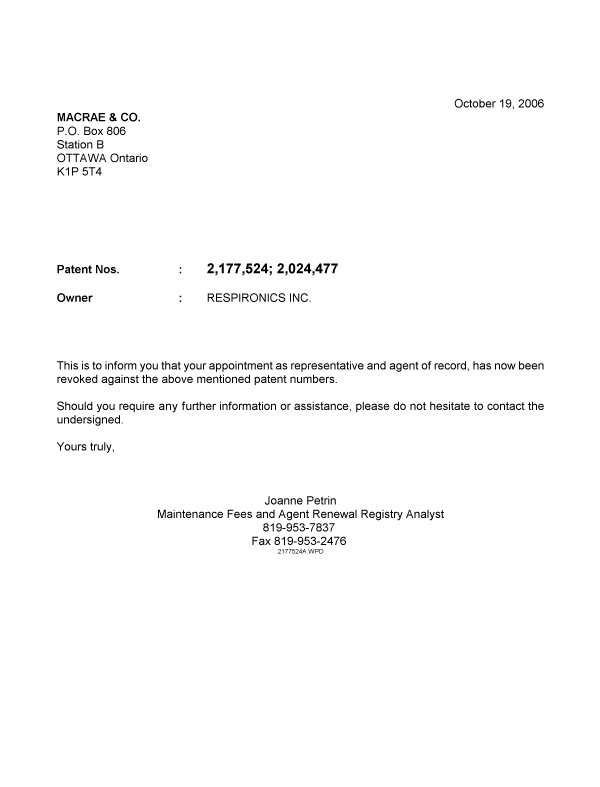 Document de brevet canadien 2177524. Correspondance 20061019. Image 1 de 1