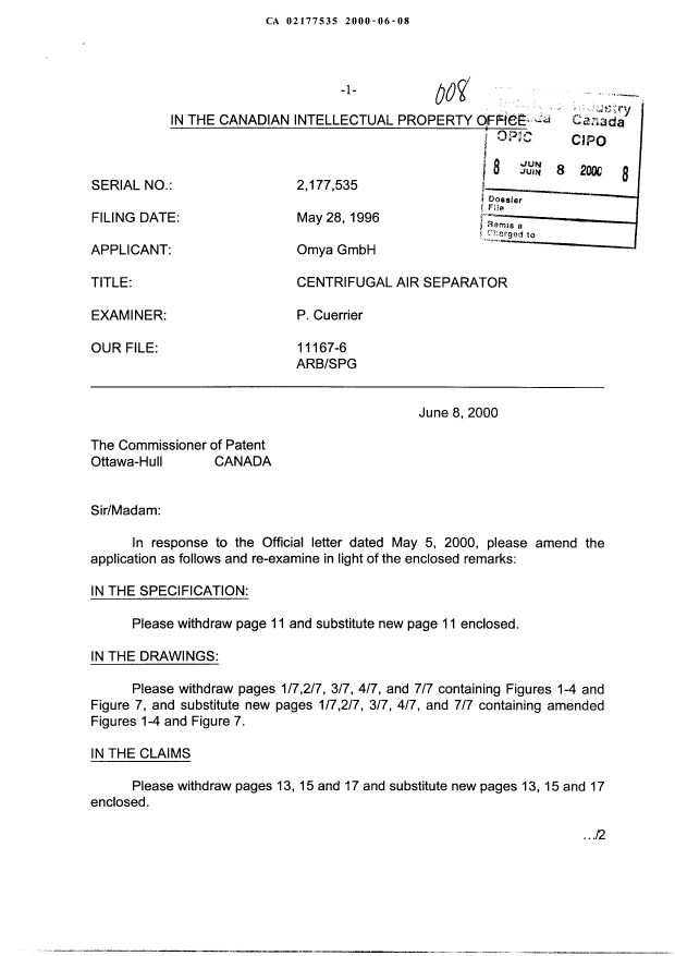 Canadian Patent Document 2177535. Prosecution-Amendment 20000608. Image 1 of 11