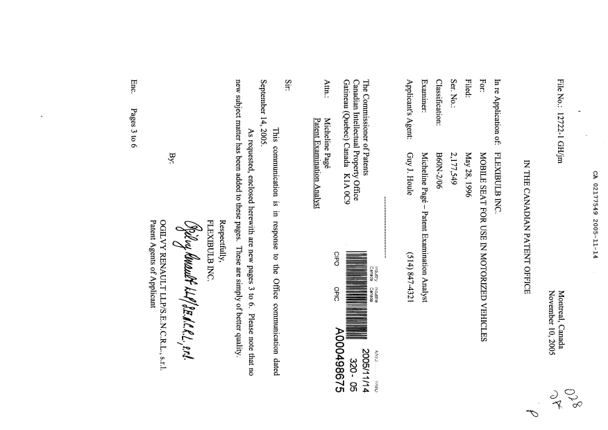 Canadian Patent Document 2177549. Correspondence 20051114. Image 1 of 5