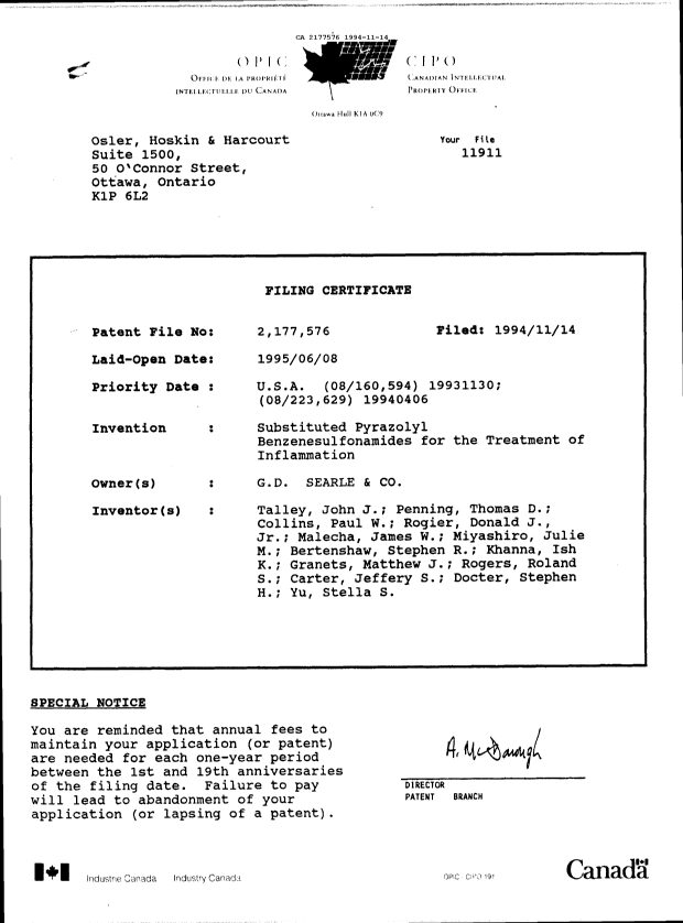 Canadian Patent Document 2177576. Office Letter 19941114. Image 1 of 1