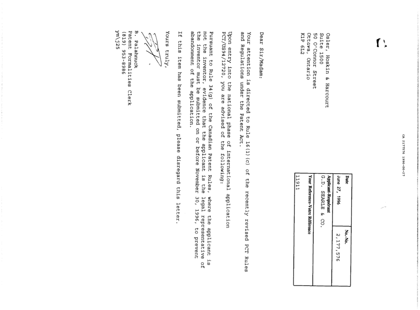 Document de brevet canadien 2177576. Lettre du bureau 19960627. Image 1 de 1