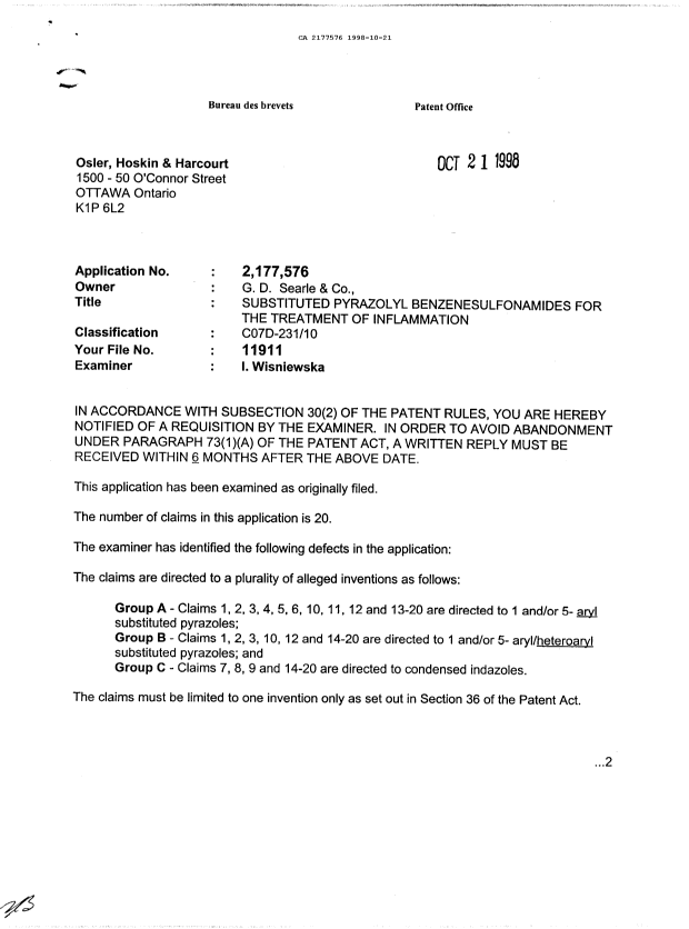 Document de brevet canadien 2177576. Demande d'examen 19981021. Image 1 de 3