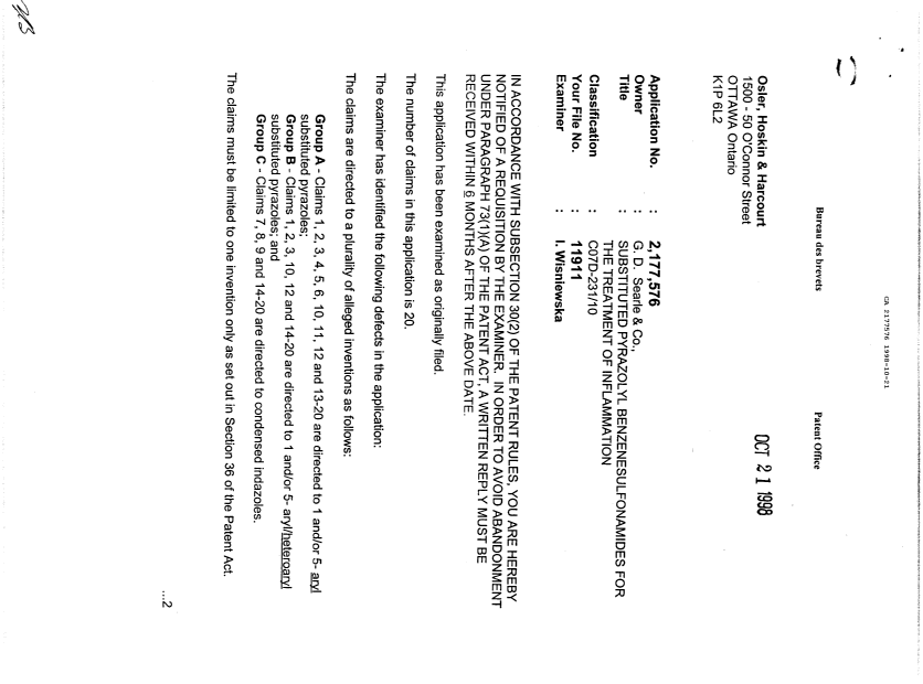 Document de brevet canadien 2177576. Demande d'examen 19981021. Image 1 de 3