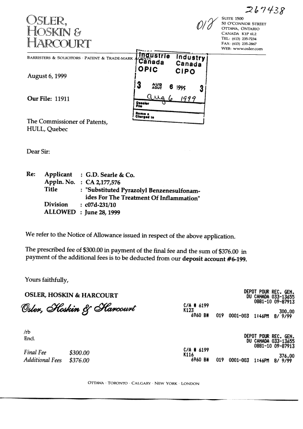 Document de brevet canadien 2177576. Correspondance 19981206. Image 1 de 1