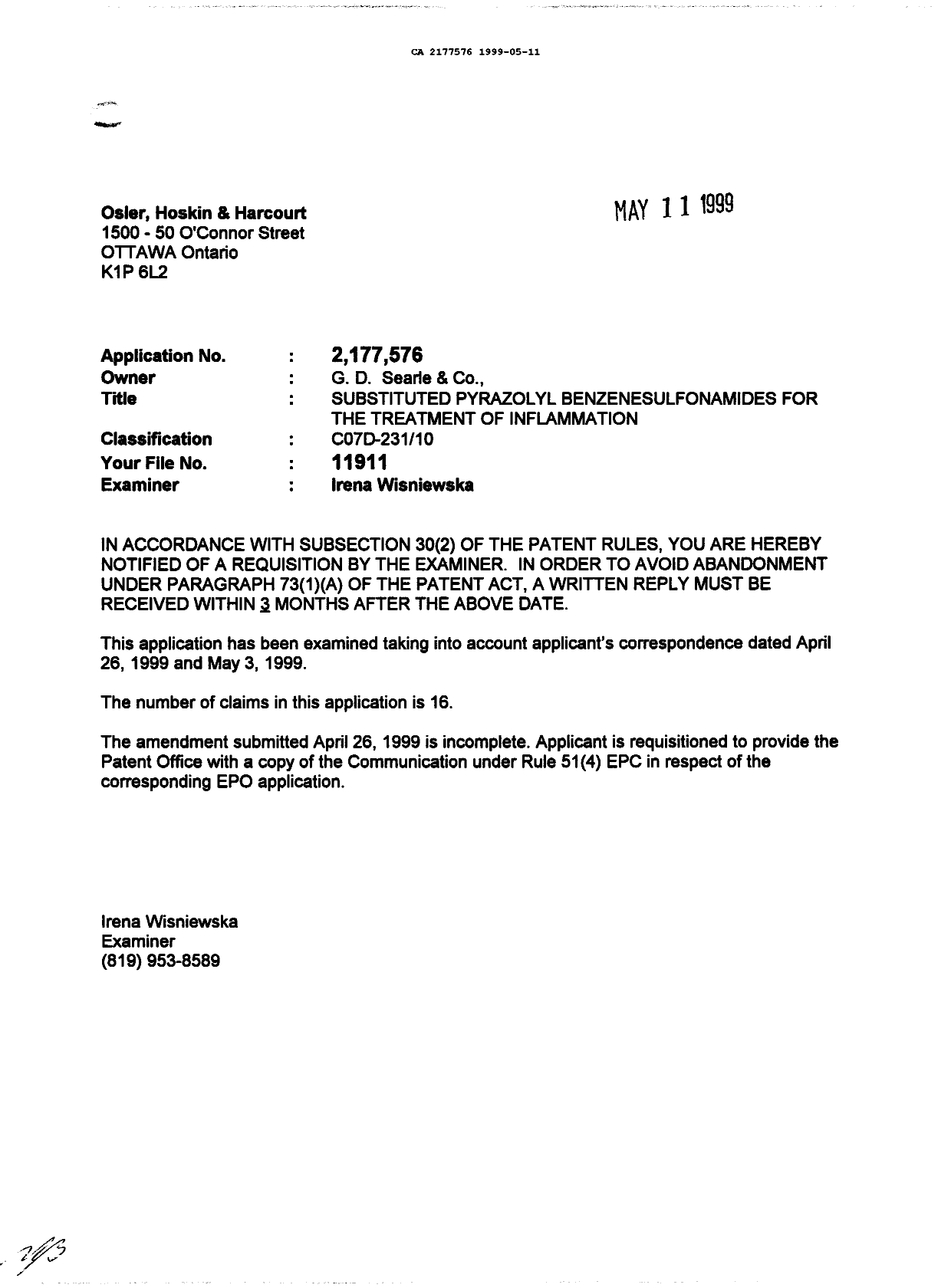 Canadian Patent Document 2177576. Prosecution-Amendment 19981211. Image 1 of 1