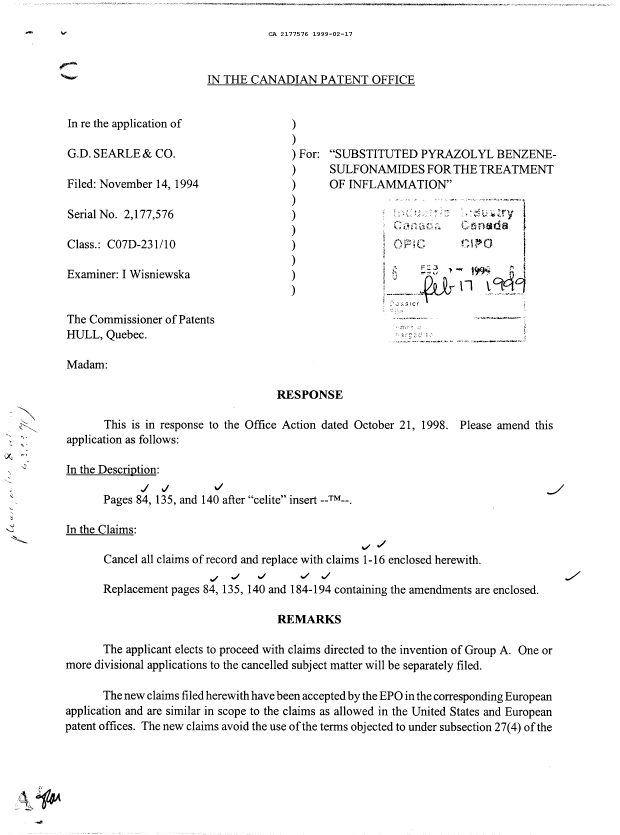 Canadian Patent Document 2177576. Prosecution-Amendment 19981217. Image 1 of 3