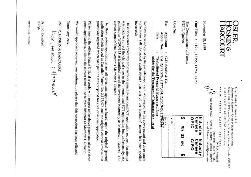 Canadian Patent Document 2177576. Correspondence 19981223. Image 1 of 1