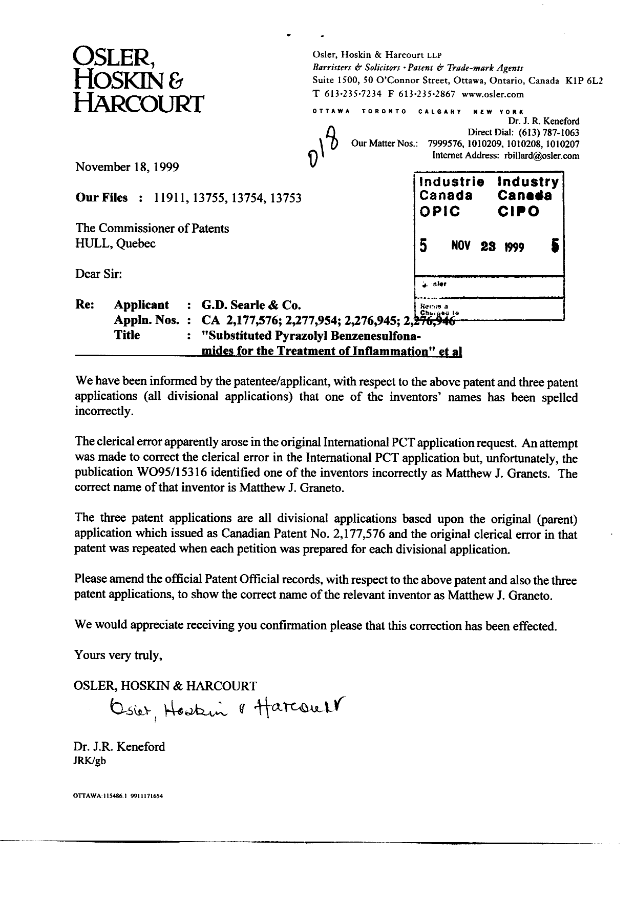 Canadian Patent Document 2177576. Correspondence 19981223. Image 1 of 1