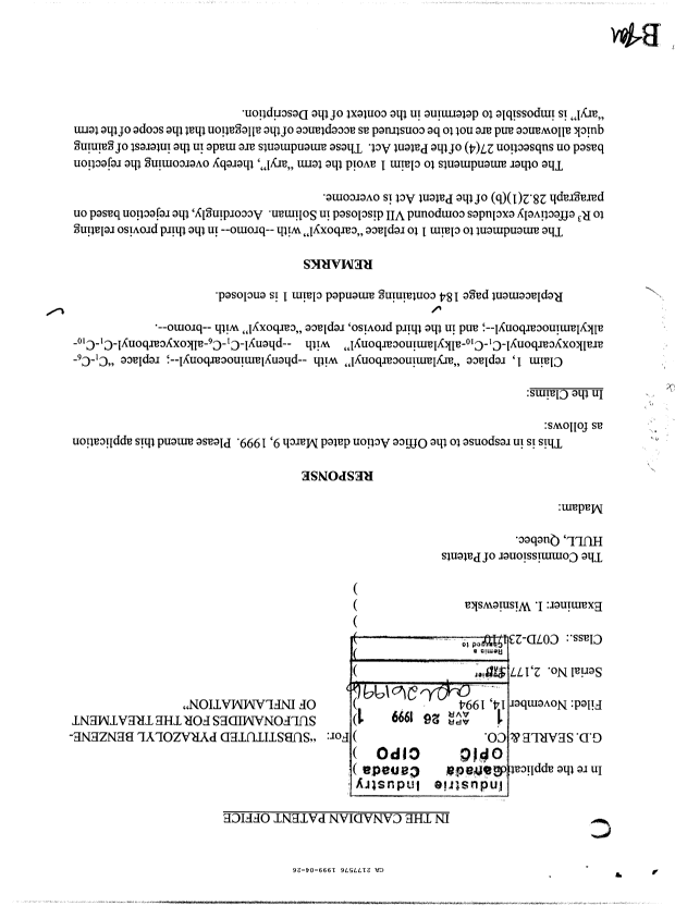 Canadian Patent Document 2177576. Prosecution-Amendment 19981226. Image 1 of 2