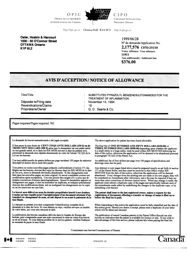 Document de brevet canadien 2177576. Correspondance 19981228. Image 1 de 1