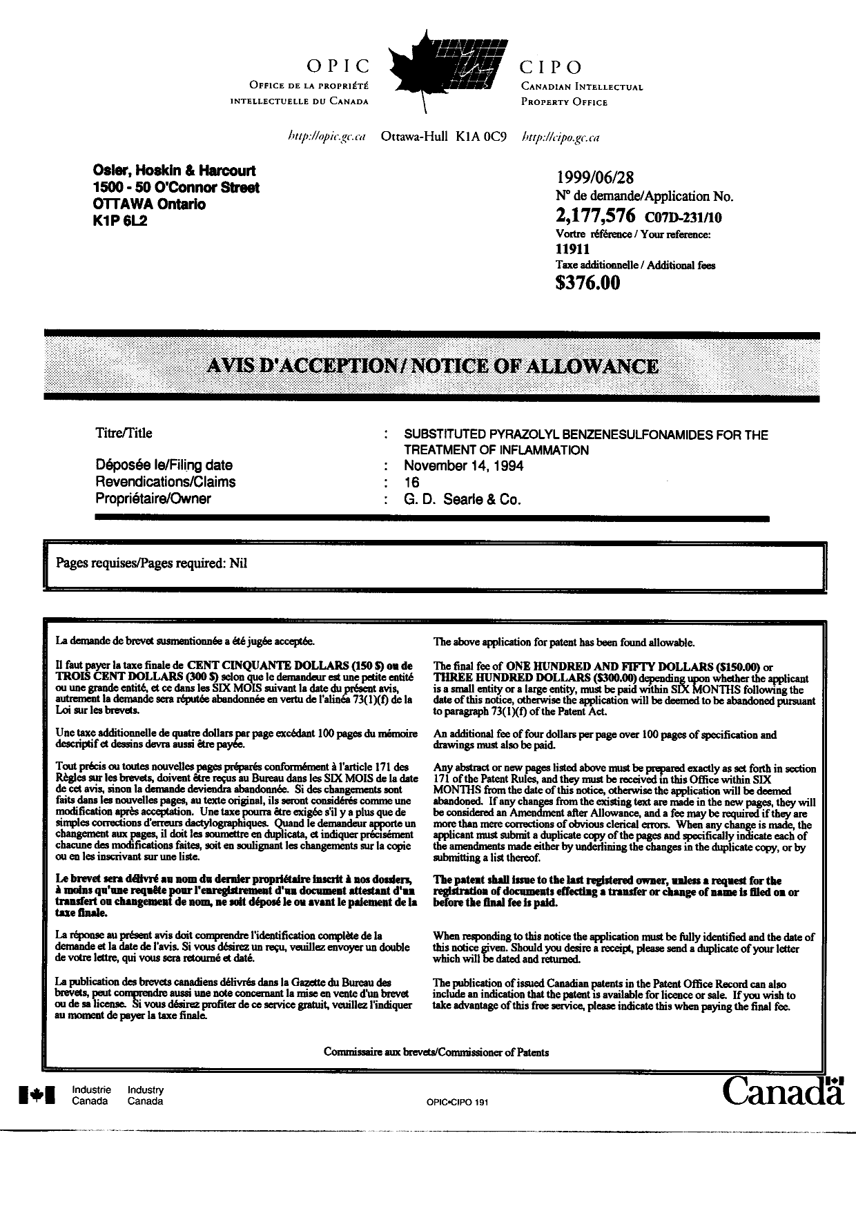 Canadian Patent Document 2177576. Correspondence 19981228. Image 1 of 1