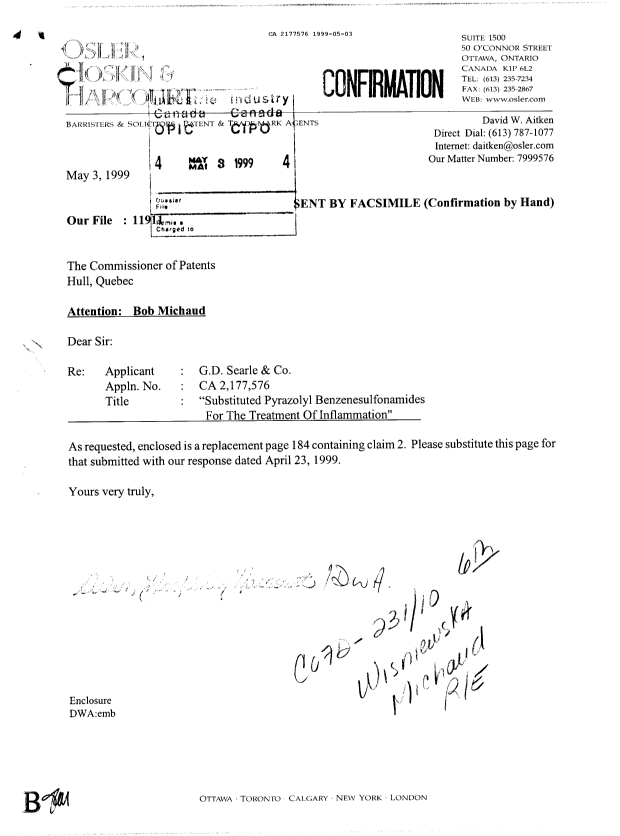 Document de brevet canadien 2177576. Correspondance de la poursuite 19990503. Image 3 de 3