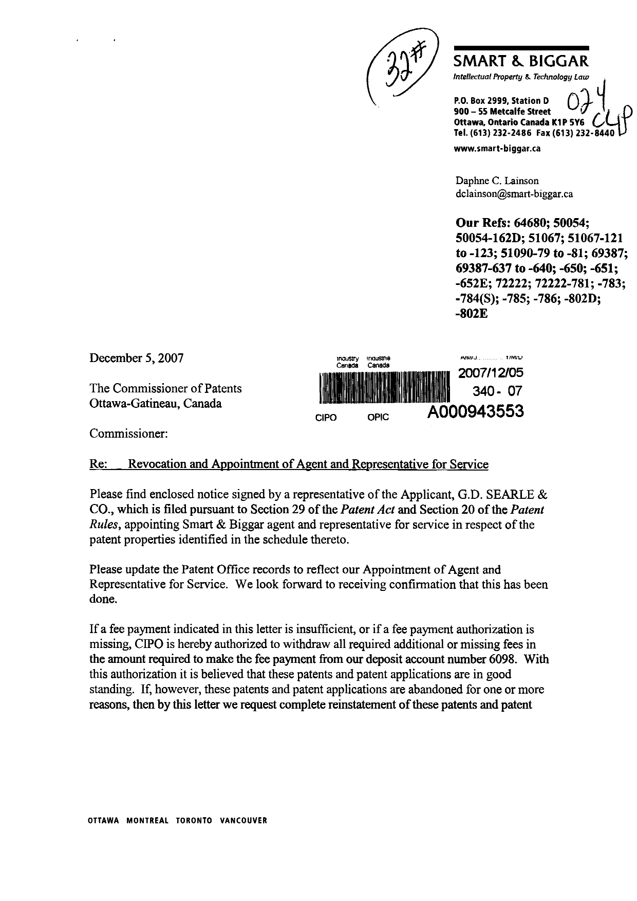 Canadian Patent Document 2177576. Correspondence 20061205. Image 1 of 4