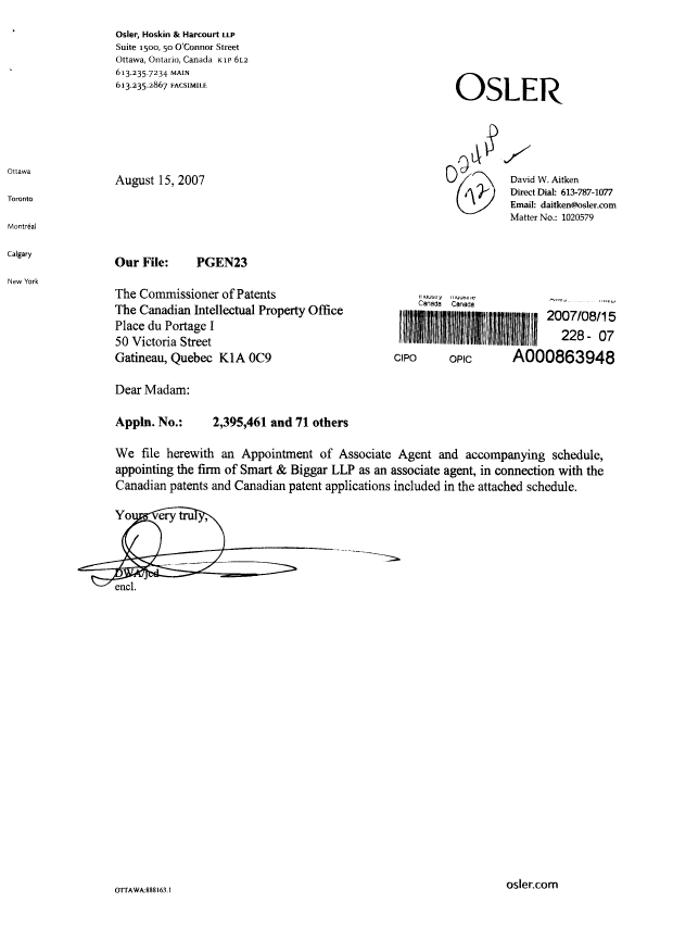 Document de brevet canadien 2177576. Correspondance 20061215. Image 1 de 8