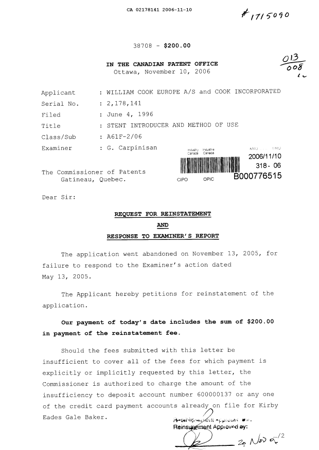 Document de brevet canadien 2178141. Poursuite-Amendment 20061110. Image 1 de 11