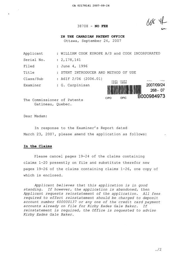 Document de brevet canadien 2178141. Poursuite-Amendment 20070924. Image 1 de 14