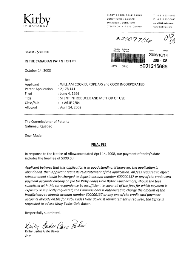 Document de brevet canadien 2178141. Correspondance 20081014. Image 1 de 1