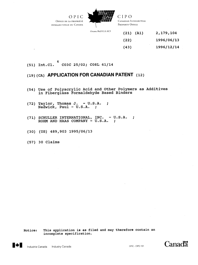 Canadian Patent Document 2179104. Cover Page 19951213. Image 1 of 1