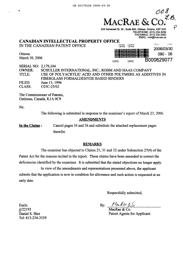 Canadian Patent Document 2179104. Prosecution-Amendment 20051230. Image 1 of 3