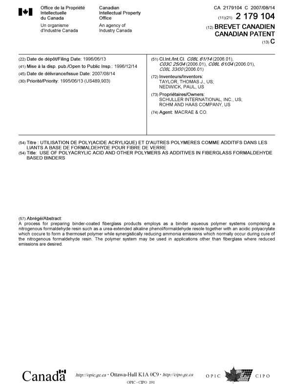 Canadian Patent Document 2179104. Cover Page 20061219. Image 1 of 1